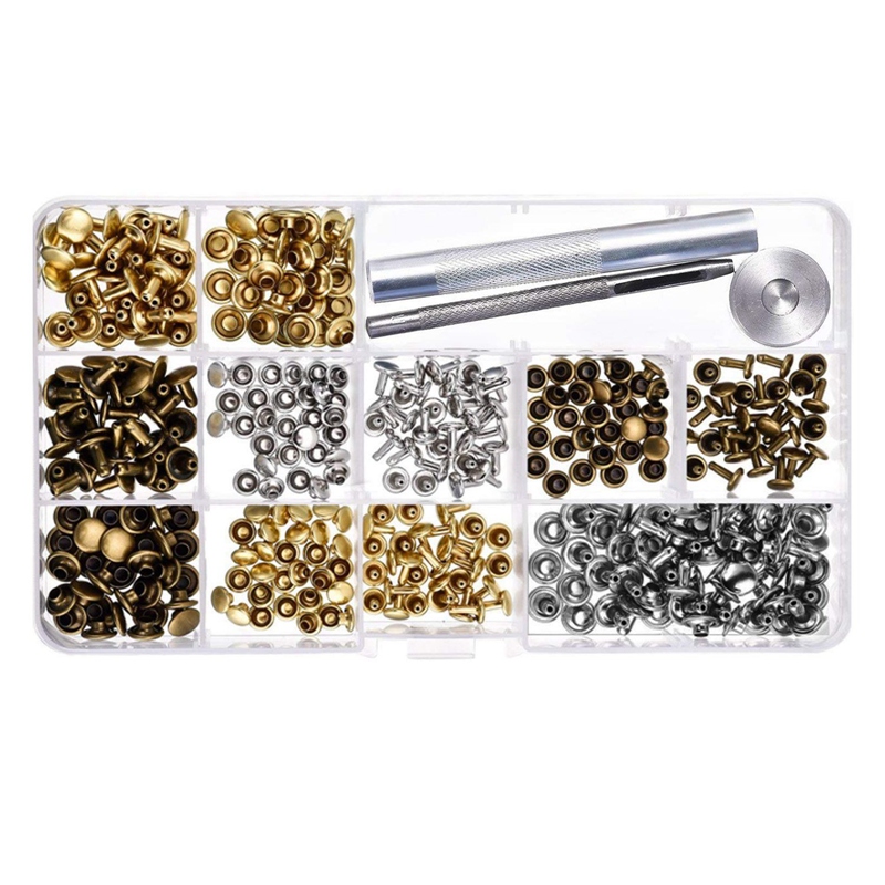 180 Sets 3 Sizes Leather Rivets Double Cap Rivet Tubular Metal Studs with 3 Pieces Setting Tool Kit for Leather Craft