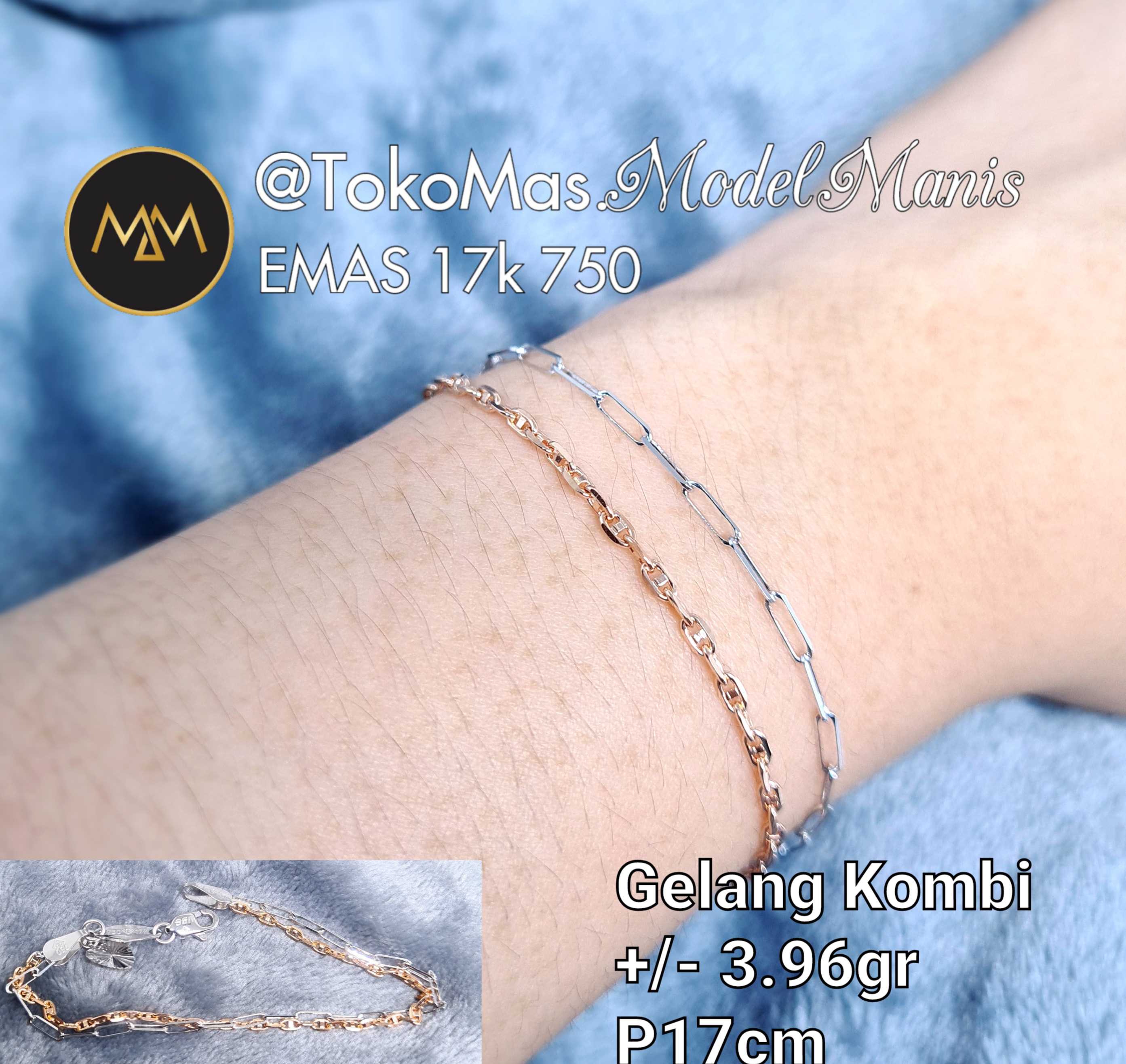 Gelang kombinasi herme* paper clip emas putih rosegold 750 kadar 17k