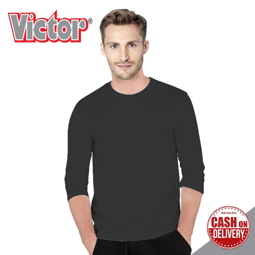 VICTOR Kaos Pria Polos Premium Hitam Lengan Panjang O-Neck / Kaos Hitam Solid / Baju Kaos Distro / Kaos T Shirt Cowok / Kaos Keren Terbaru / Kaos Atasan Pria Dewasa / Casual Tumblr Tee T-Shirt Pria Kaos Polos - Kaos Oblong - Kaos Lengan Pendek Cotton Comb