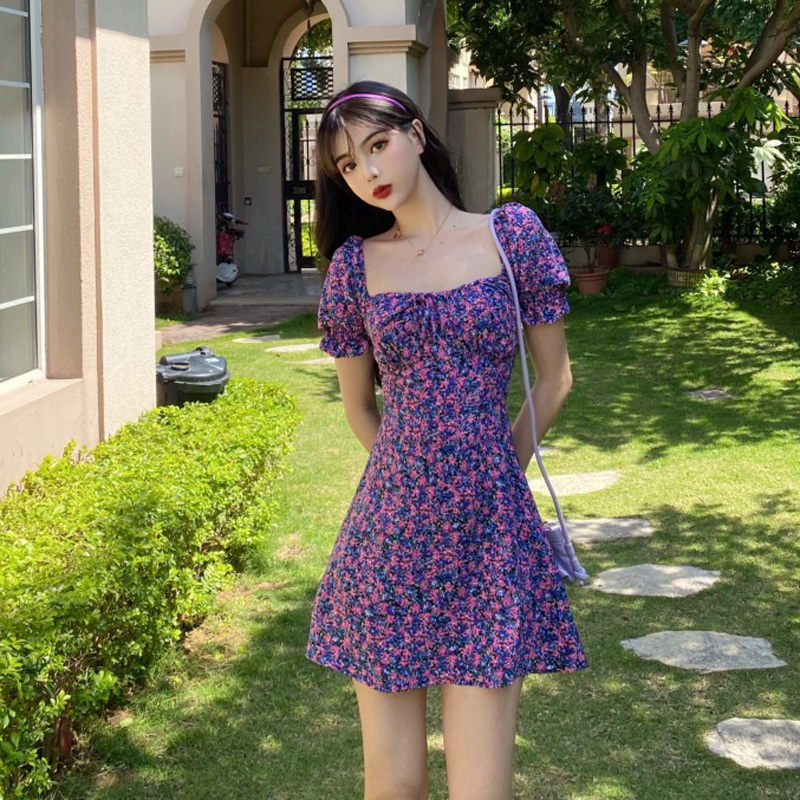 Kiểu Pháp Nhỏ Tôn Dáng Hoa Nhỏ Cổ Áo Tay Bồng Đầm Phong Cách Retro Tím Váy Nữ Mùa Hè 2020 Mẫu Mới