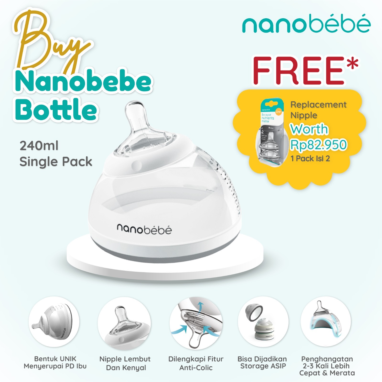 NANOBEBE Bottle botol susu bayi 240ml single pack Botol Susu Bayi