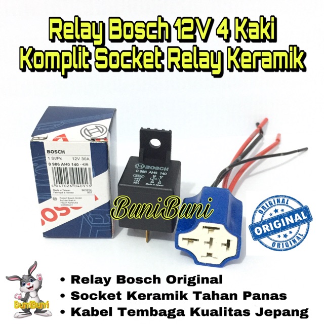 Relay Bosch Original 12V 30A Kaki 4 Komplit Rumah / Socket Relay Bahan