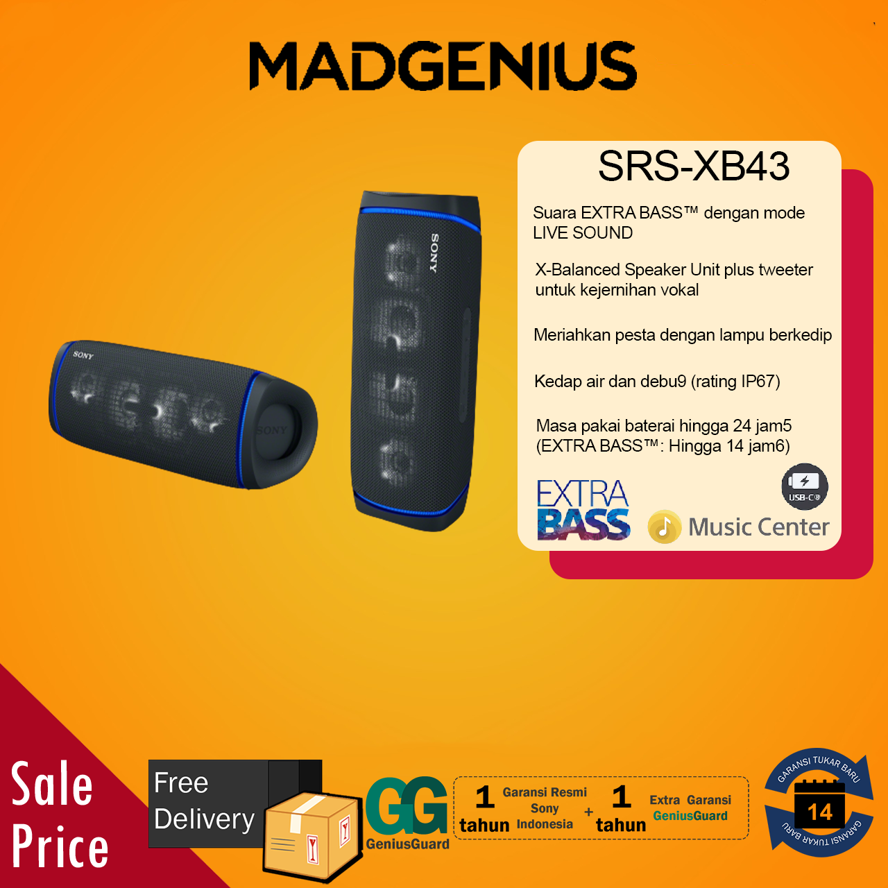 Sony Original SRS-XB43 SRS XB43 SRSXB43 Extra Bass Portable