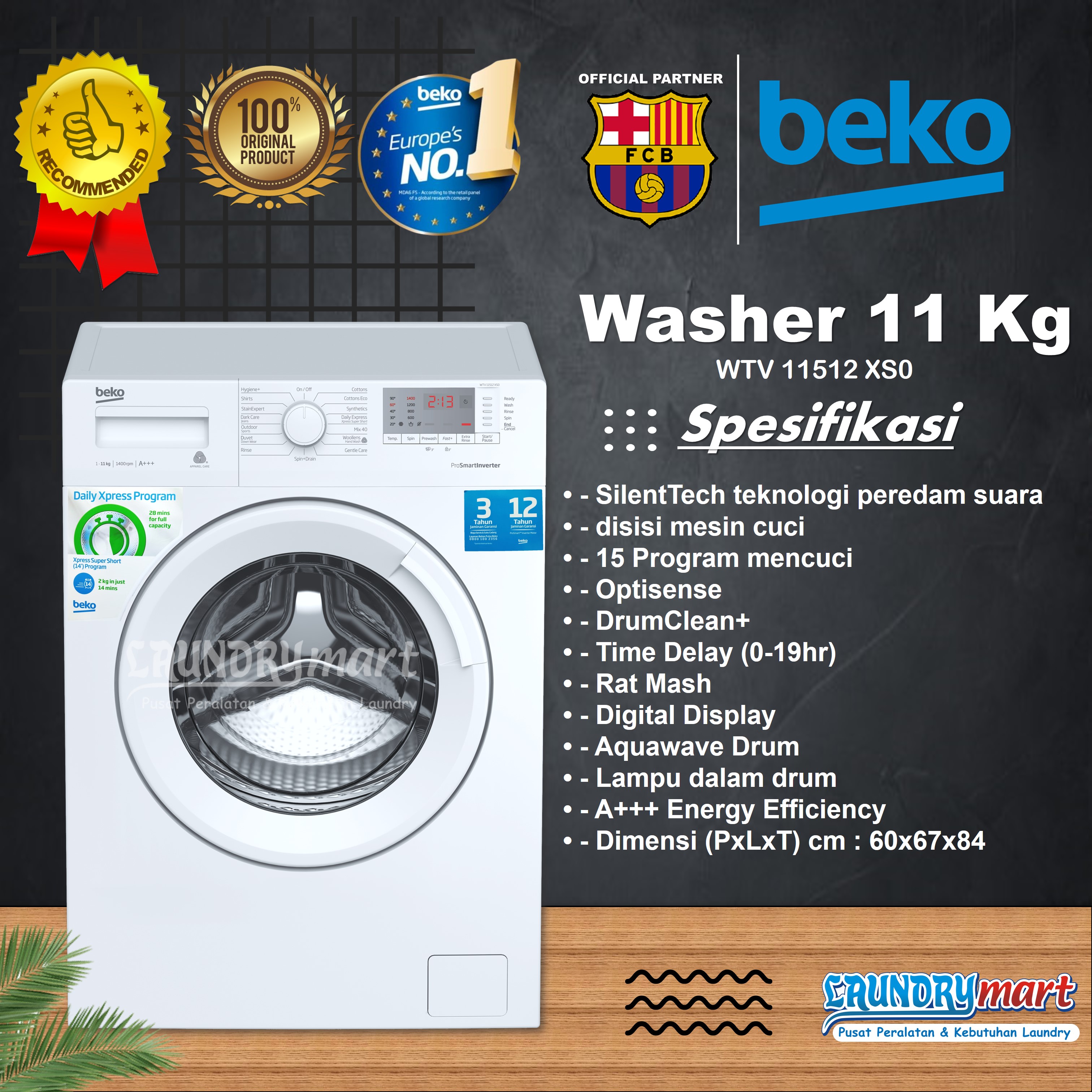 BEKO MESIN CUCI LAUNDRY KAPASITAS 11 KG WTV11512XSO GARANSI 3 TAHUN ...