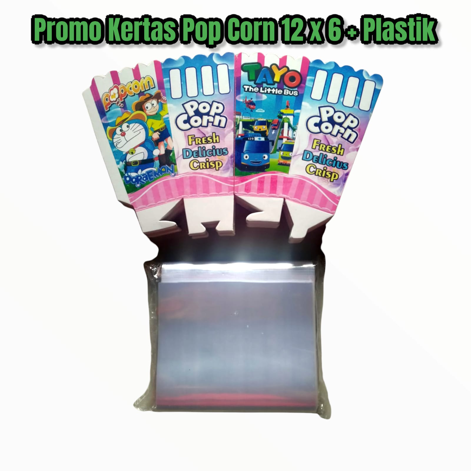 PROMO KERTAS POP CORN 12 X 6 DAN PLASTIK // KEMASAN POP CORN GAMBAR