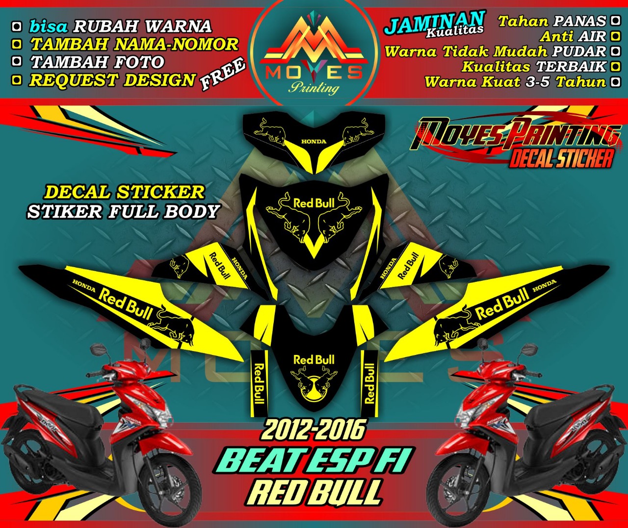 decal honda beat redbull kuning full body stiker motor honda beat esp
