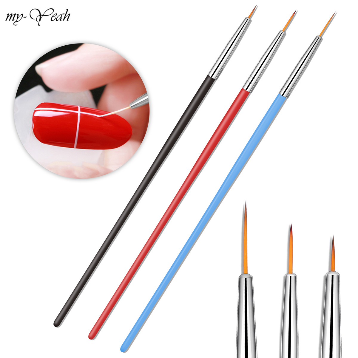 3Pcs/set 7/9/11mm Nail Art Acrylic Handle Liner Brush French Stripe Lines Flower Design Painting Drawing Pen Manicure Tool