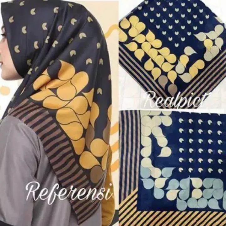 Promo Kerudung Segiempat Voal Print Denay Kw Motif Arwa Navy