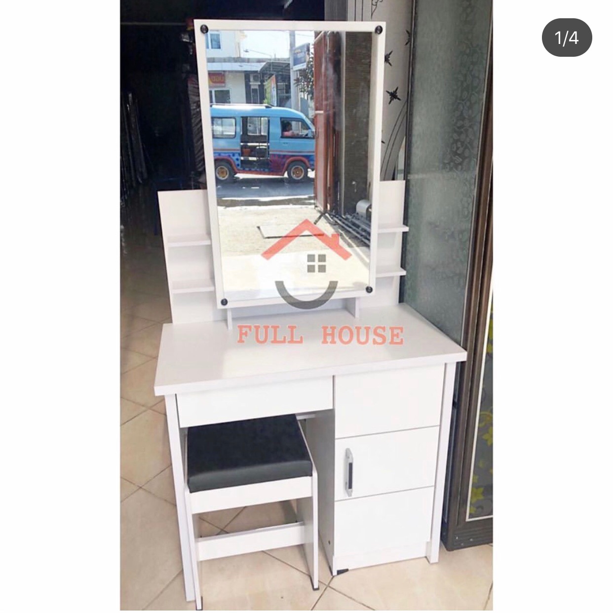 meja rias meja makeup kaca geser sliding dengan kursi full putih