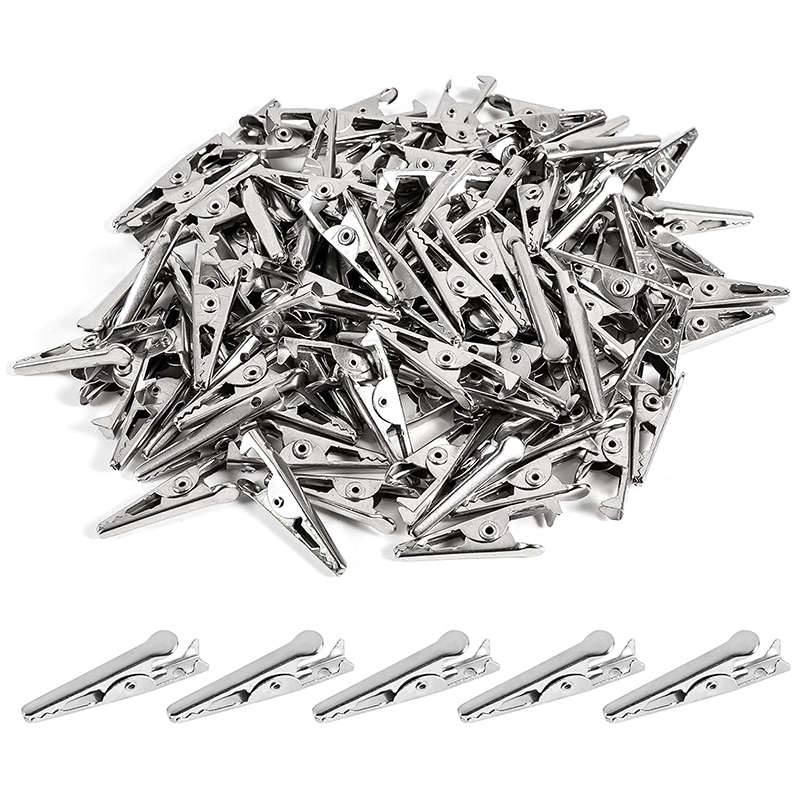 100pcs 1.06in / 27mm mini metal alligator clips, crocodile clamps silver tone nickel plated test line spring clamps.