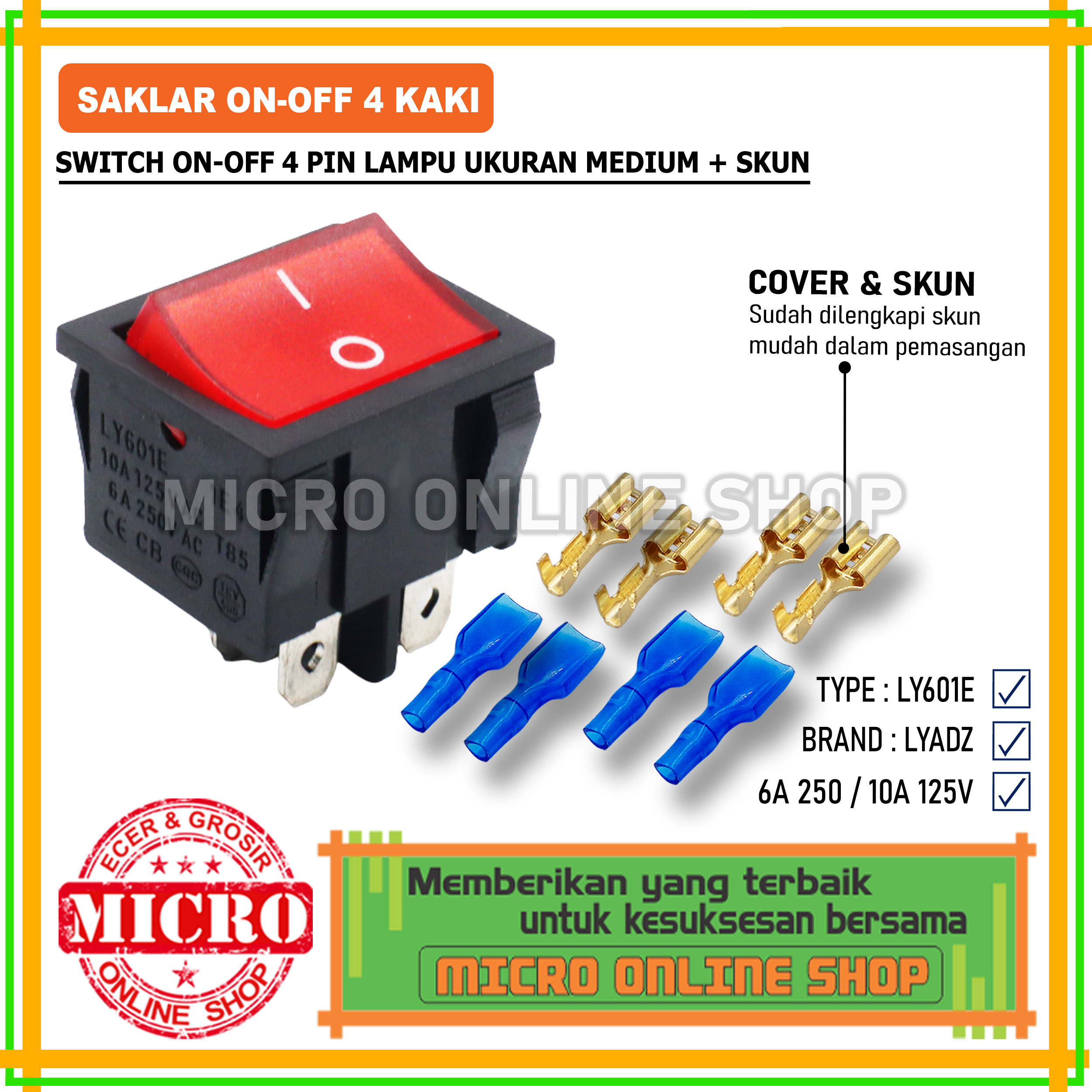 Switch On-Off Lampu 4 Pin Medium + Skun Saklar Lampu On-Off 4 Kaki ...