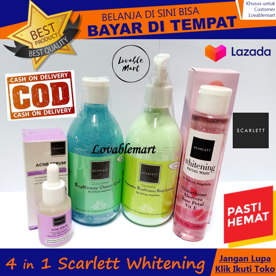 Paket 4in1 Scarlett Whitening Serum Shower Scrub Body Lotion Facial Wash Halal Bpom Lovablemart Bisa Cod Bayar Di Tempat Brightening Collagen Body Losion Pemutih Badan Scarlet By Felicya Angelista Beauty Skin Care