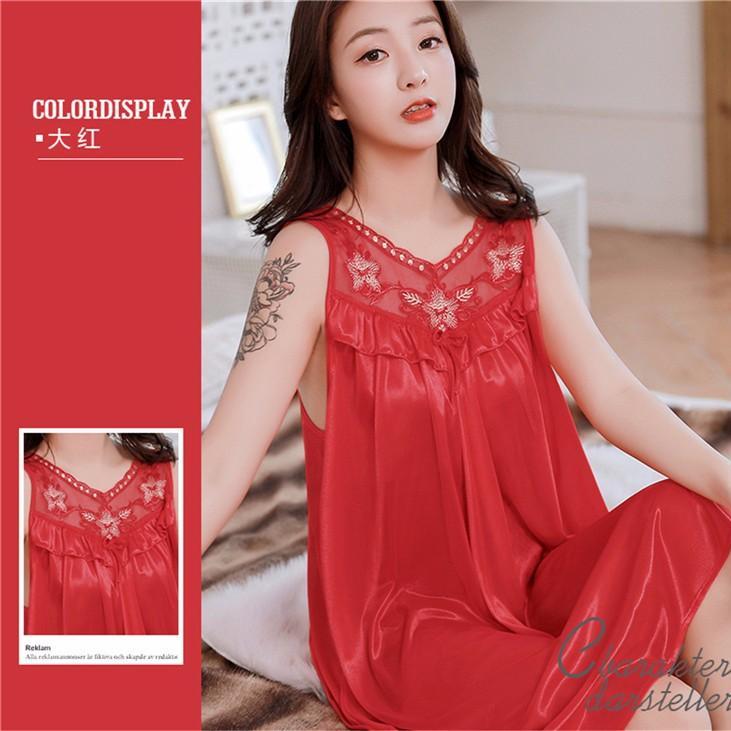 SJLA STORE Baju Tidur Santai Piyama Fashion Wanita Dewasa Daster Tanktop Lingerie Sexy Setelan Satin Velvet Motif Brokat Renda V-neck Bunga 7 Warna, Muat Sampai L