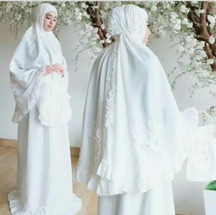 T-OS Perelengkapan Sholat Mukena Bunga Putih Tas Plus Tasbih