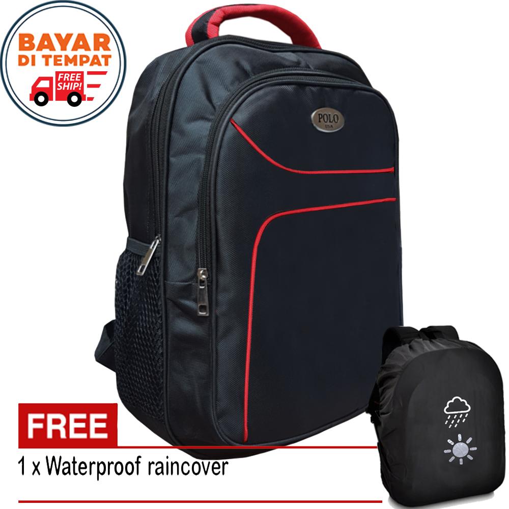 Free Shipping - Tas POLO Kode Artikel PP770# Tas Pria Tas Wanita Tas Ransel Pria Tas Ransel Wanita Tas POLO Tas Ransel POLO Tas Punggung Tas Laptop Tas Ransel Laptop Tas Kerja Tas Sekolah - Black + Raincover