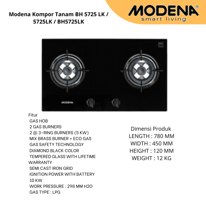 Modena Kompor Tanam BH 5725 LK / 5725LK / BH5725LK | Lazada Indonesia