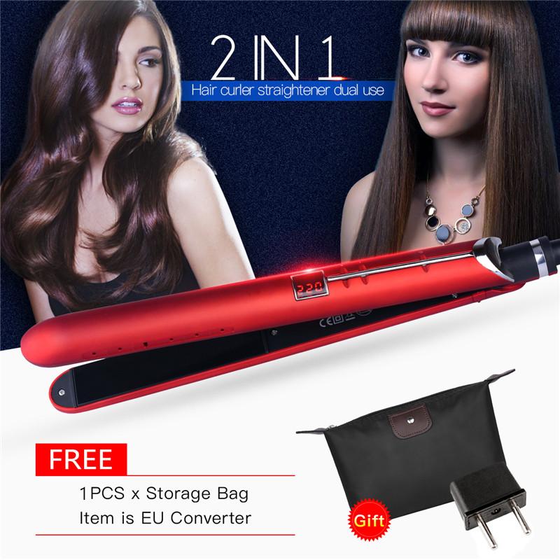 CkeyiN 110-240 V 2 in 1 Profesional Listrik Pelurus Rambut Keramik Rambut Besi Datar Penjepit Rambut Kontrol Suhu Rambut Styling alat (Merah) F-HS236R