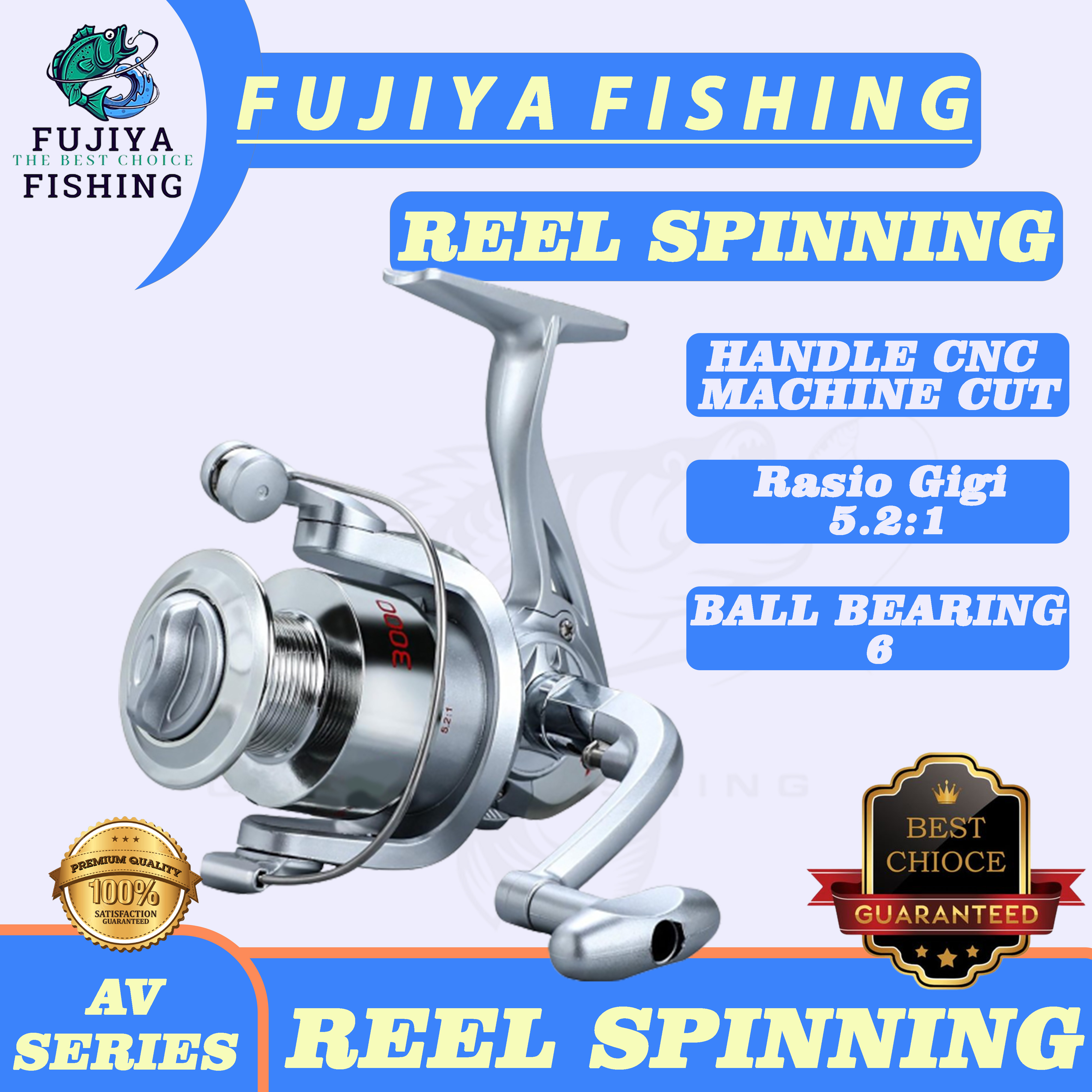 Fujiya Reel Spinning 1000-3000 Silver Fishing Real Gear Ratio 5.2:1 Tackel  Fishing Hemat