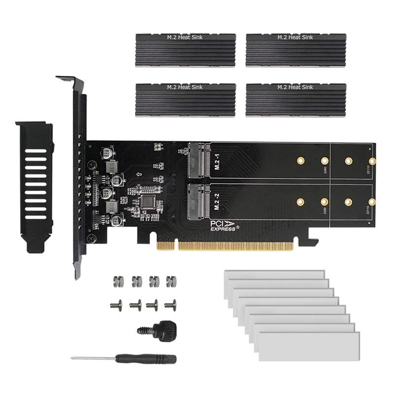 Pcie to m2 adapter card, pcie x16 4 port m2 nvme m key ssd add on card pci express expansion card with heatsink