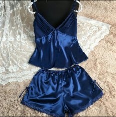 Baju Tidur Baju Santai Wanita V-Neck Rayon Lingerine Top dan Celana Pendek - Biru Tua