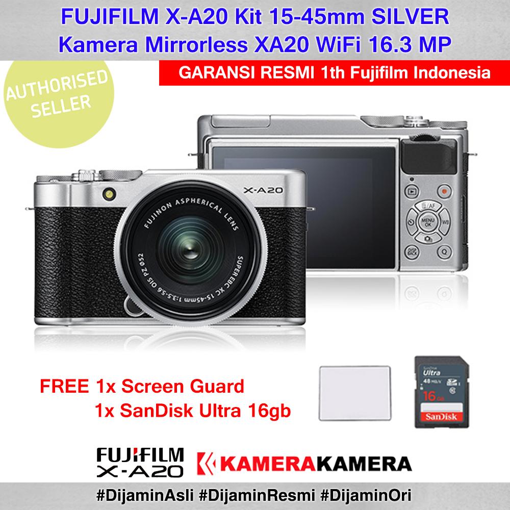 Kamera Mirrorless Fujifilm X-A20 Silver lensa 15-45mm kamera Vlog Fujifilm XA20 murah WiFi 16MP - Garansi Resmi 1th + Screen Guard + Memory SanDisk Ultra 16gb