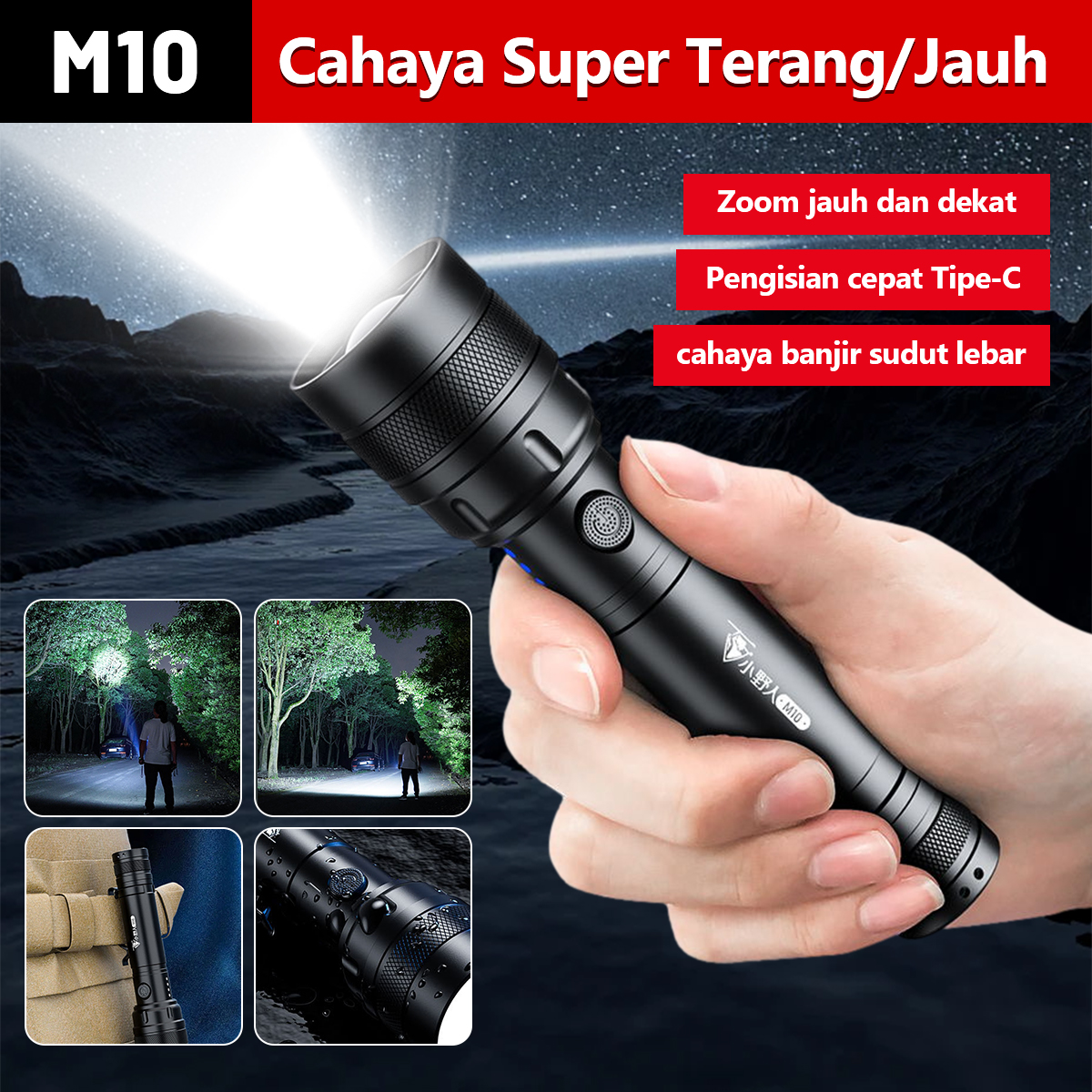 Senter LED Super Terang 90000 lumens Flashlight USB C Rechargeable