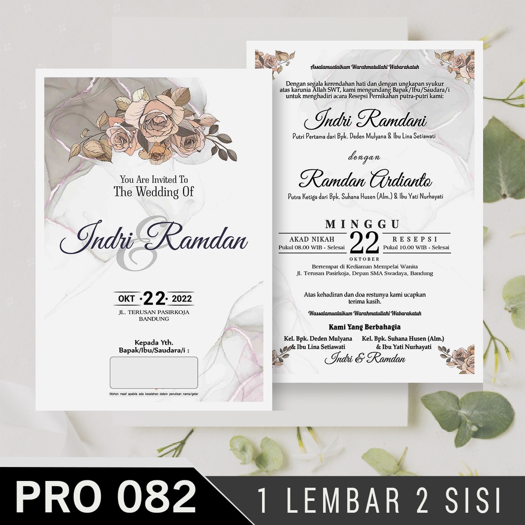(50 PCS) PRO 082 Varian 1 Lembar 2 Sisi - Cetak Undangan Pernikahan