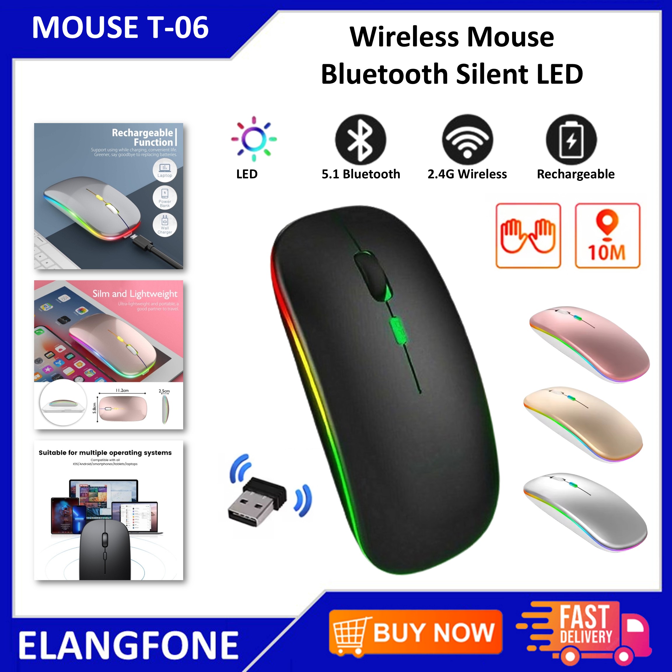 You Pin T-06 Wireless Mouse Bluetooth Silent LED Colorful Backlit