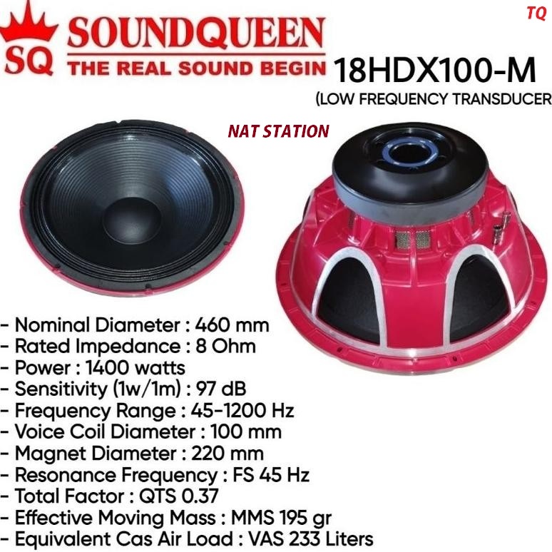 SPEAKER KOMPONEN SUBWOOFER SOUNDQUEEN 18 INCH 18HDX100-MERAH