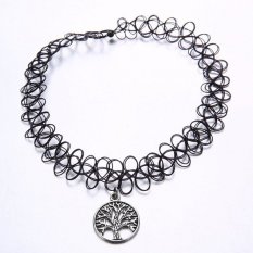BoHo Hitam Elastis Fishing Line Tattoo Cyber Line Paduan Perak Bulat Tree Pendant Adjustable Magic Kalung Hadiah untuk Wanita
