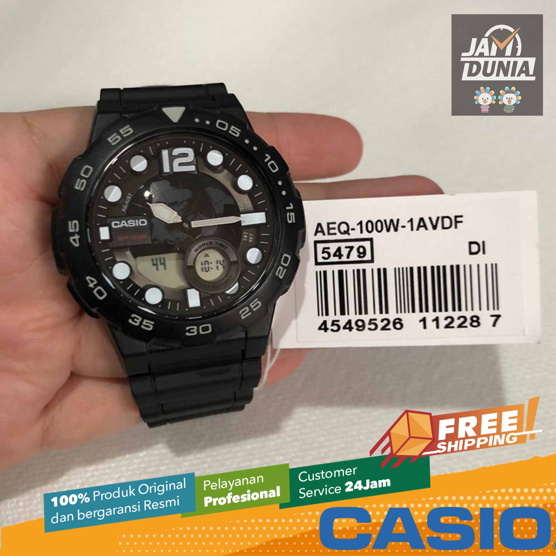 CASIO ORIGINAL - CASIO AEQ-100W-1A - MEN - Black - Strap Resin Jam dunia  JD17ST # Jam Tangan Pria Cowok Anti Air Digital Analog + CASIO AEQ 100W 1A  AEQ-100W 100 W
