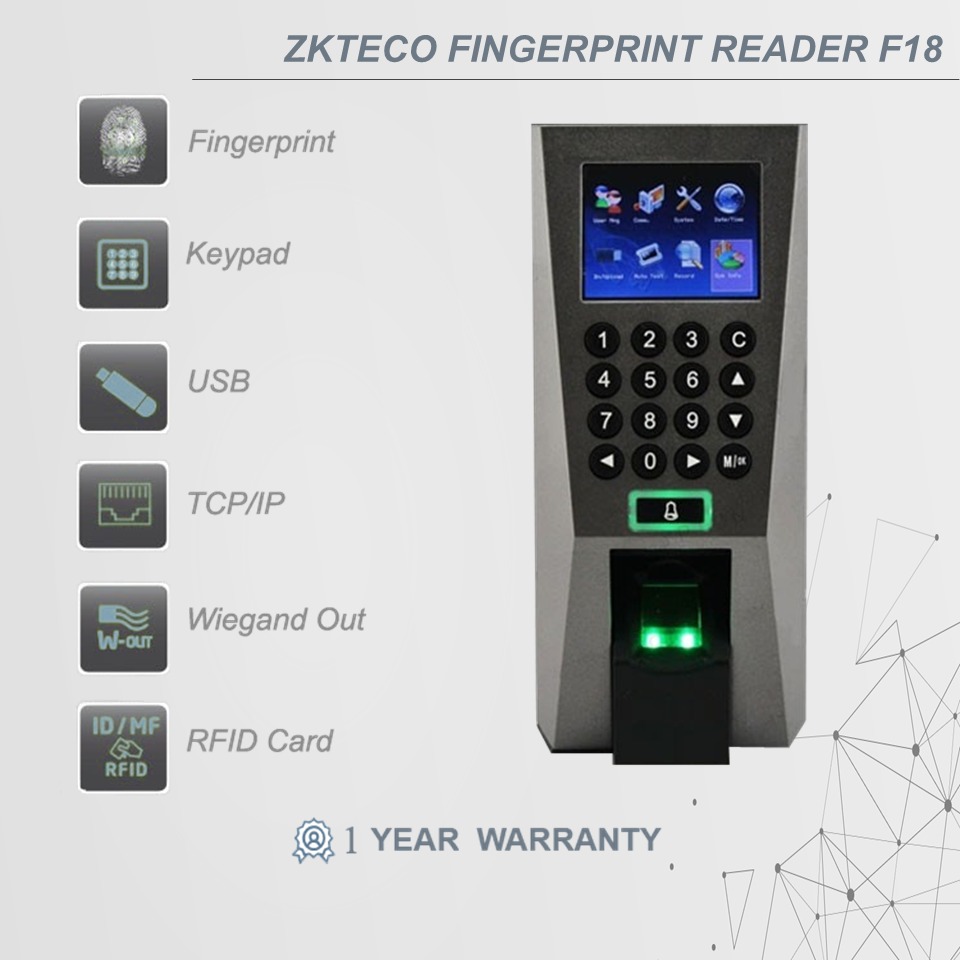 Fingerprint Zkteco F18, Mesin Absensi Access Control, Akses Pintu RFID