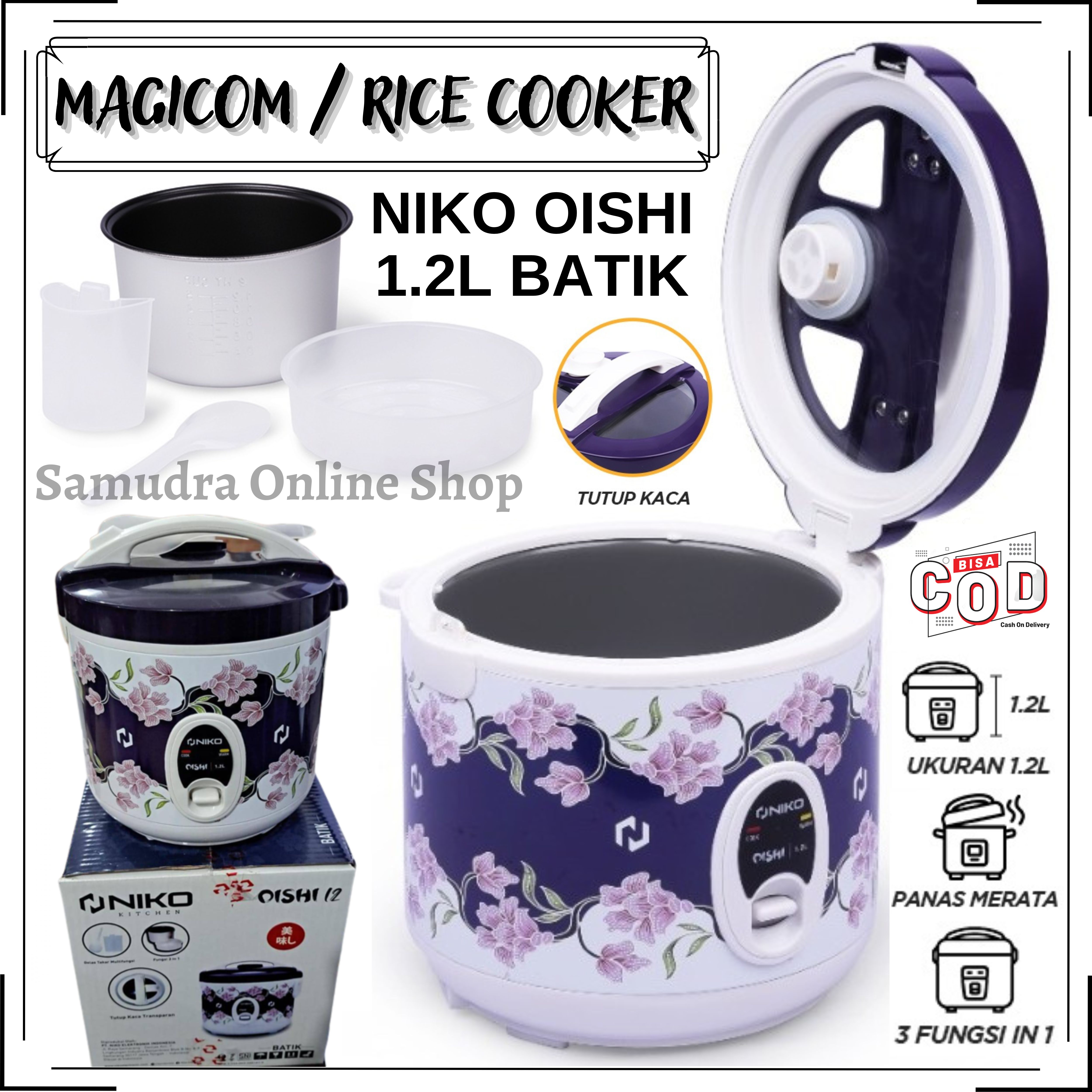 Rice Cooker 1,2 LIter Niko OISHI Batik 3in1 Tutup Kaca Magic Com Niko Oishi Batik 1,2 Liter