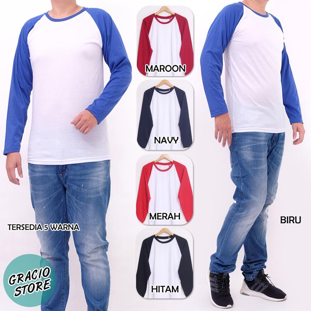 GracioStore Raglan Polos, Kaos Raglan Panjang, Reglan Pria, Reglan PolosPj M Putih Biru () (Pj M Putih Biru)