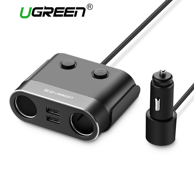 UGREEN Dual USB Car Charger Support Car Recorder Universal Handphone Car-Charger with Expander Charger for iPhone, Samsung, Xiaomi Redmi, LG, VIVO, OPPO Handphone Black