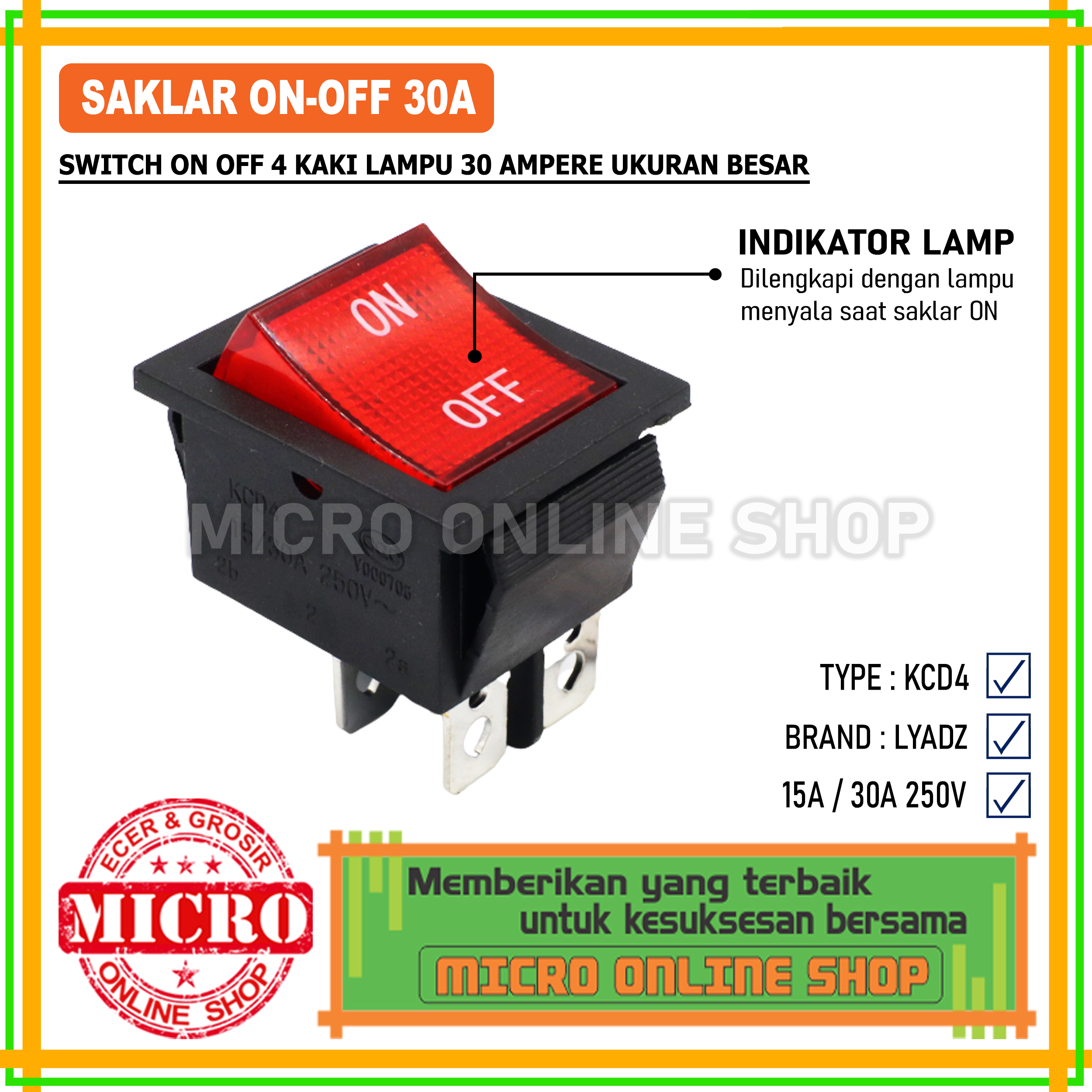 Switch On-Off 30 Ampere 4 Pin Besar + Lampu Saklar On Off 30A 4 Kaki ...