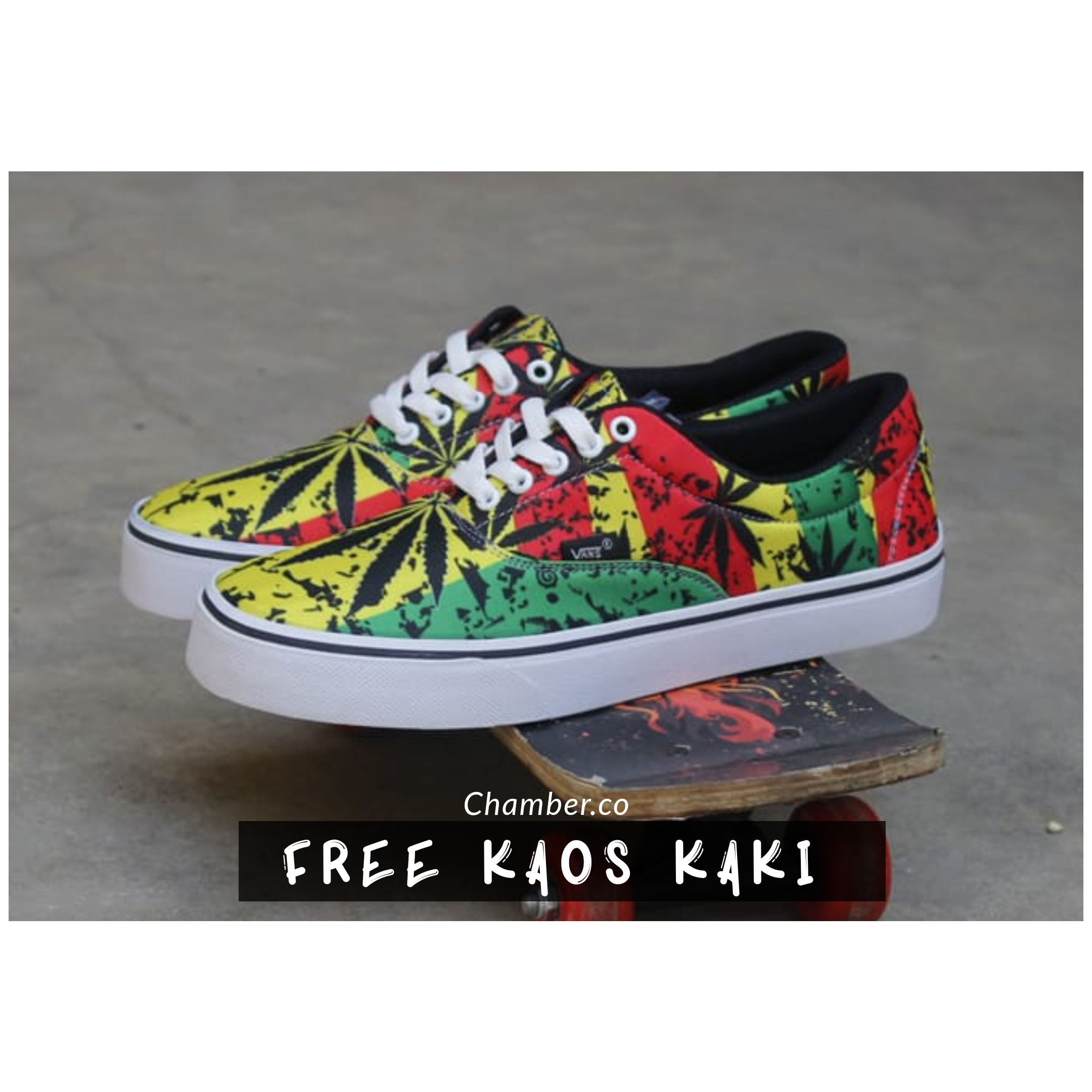 Sepatu vans sneakers casual pria hitam motif ganja rasta sepatu