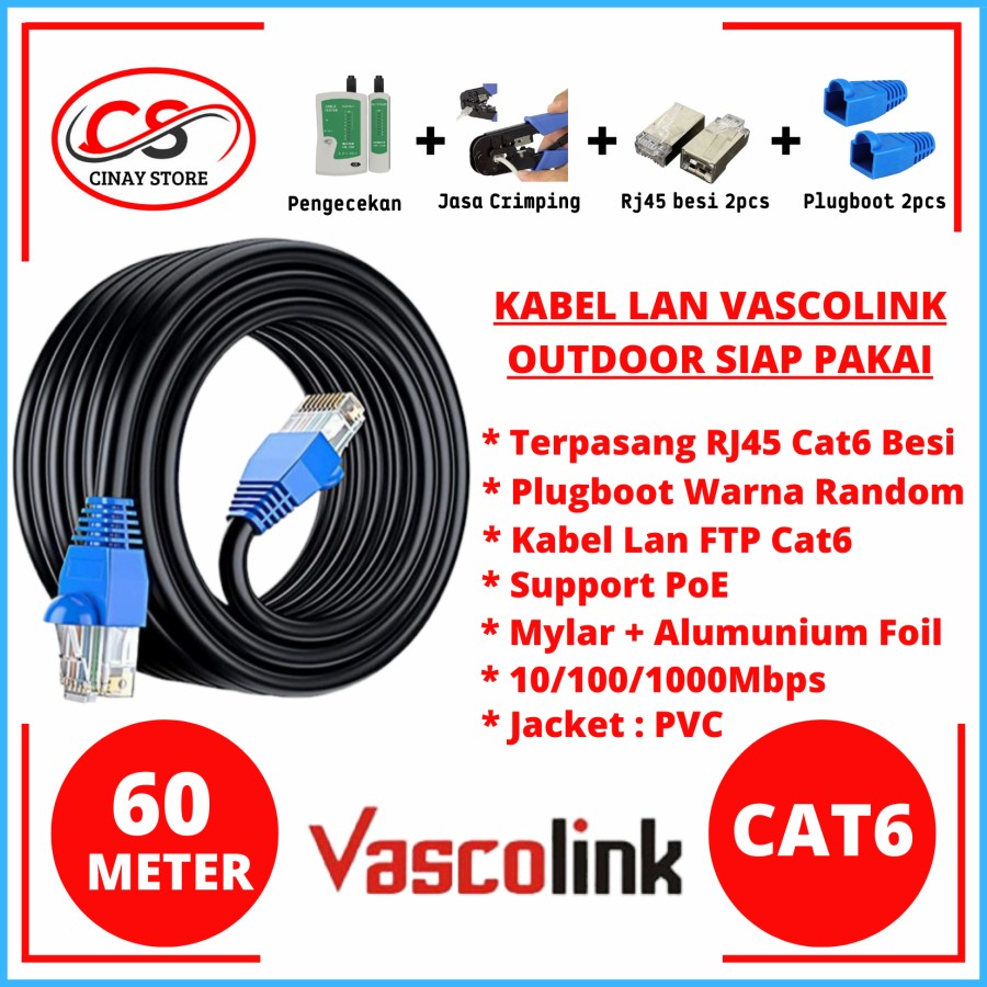 Kabel Lan Vascolink Cat6 FTP STP Outdoor 60 Meter Siap Pakai Cat 6 60M
