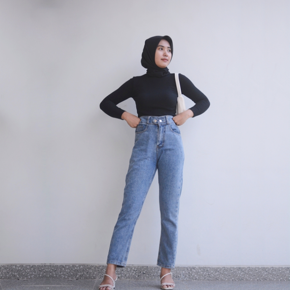 Boyfriend Jeans Turtleneck High Waisted Jeans JINISO Jione Celana