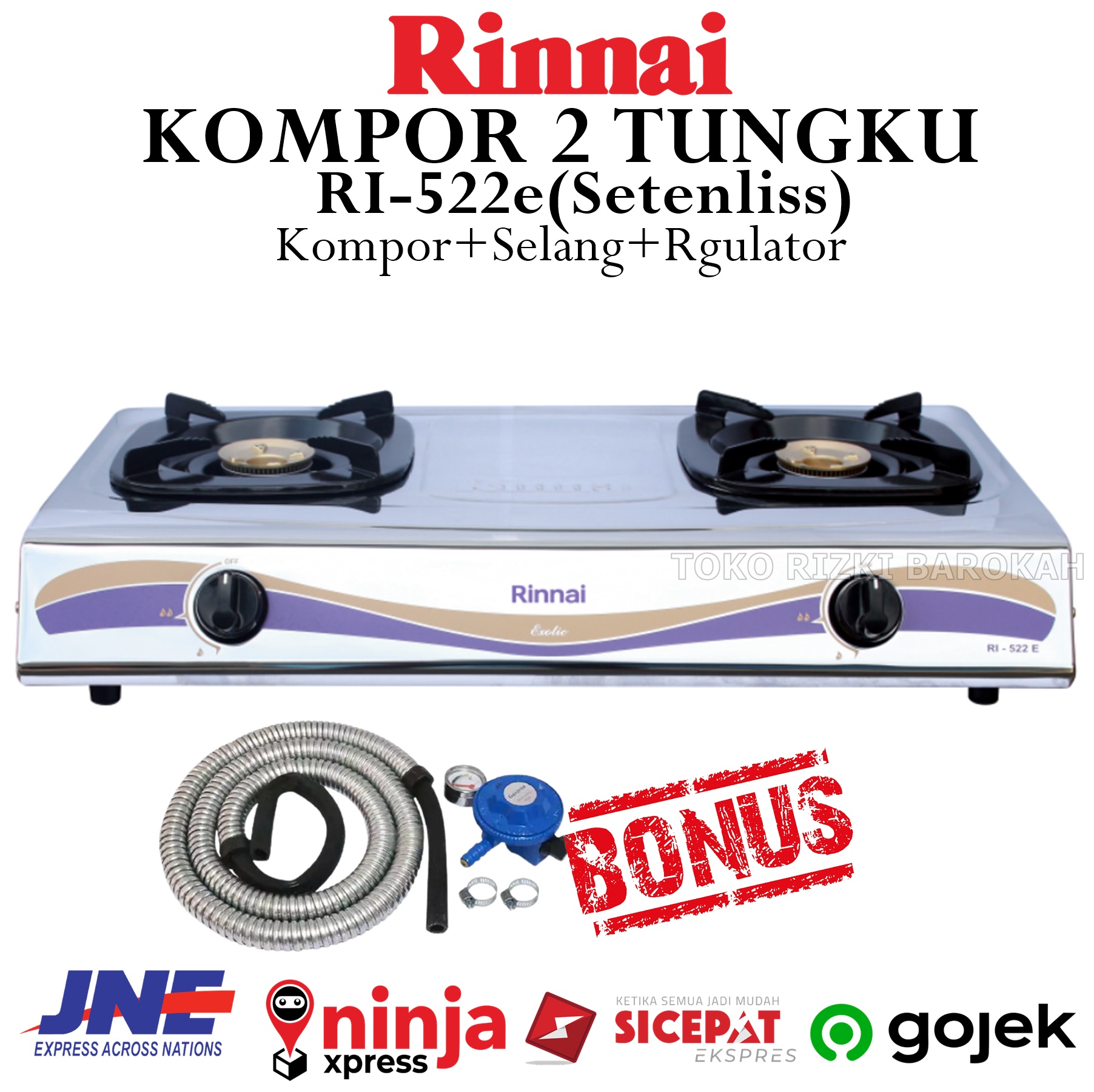 Paket Rinnai RI-522ES - RI522E | RI-522E | RI-522ES+Selang Regulator SNI  Premium Kompor Gas Rinnai 2 Tungku / Kompor 2 Tungku / Kompor Rinnai 2  Tungku / Kompor Rinai 2 Tungku /