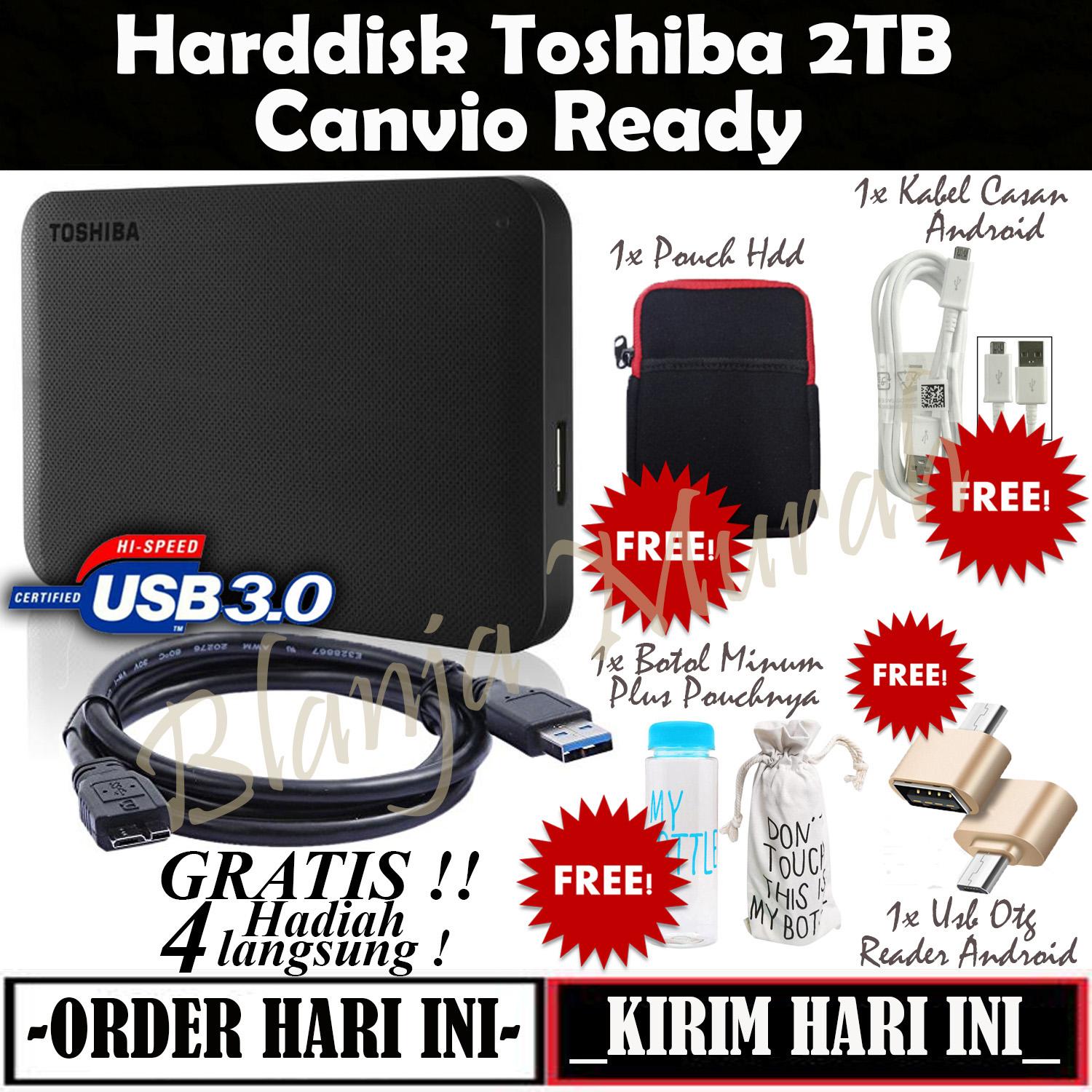 Toshiba Canvio Ready 2TB - HDD / HD / Hardisk Eksternal - Black GRATIS Pouch Harddisk + Botol Air Minum 500ml Plus Sarung Botol + Usb Otg Reader Android dan Kabel Casan Android