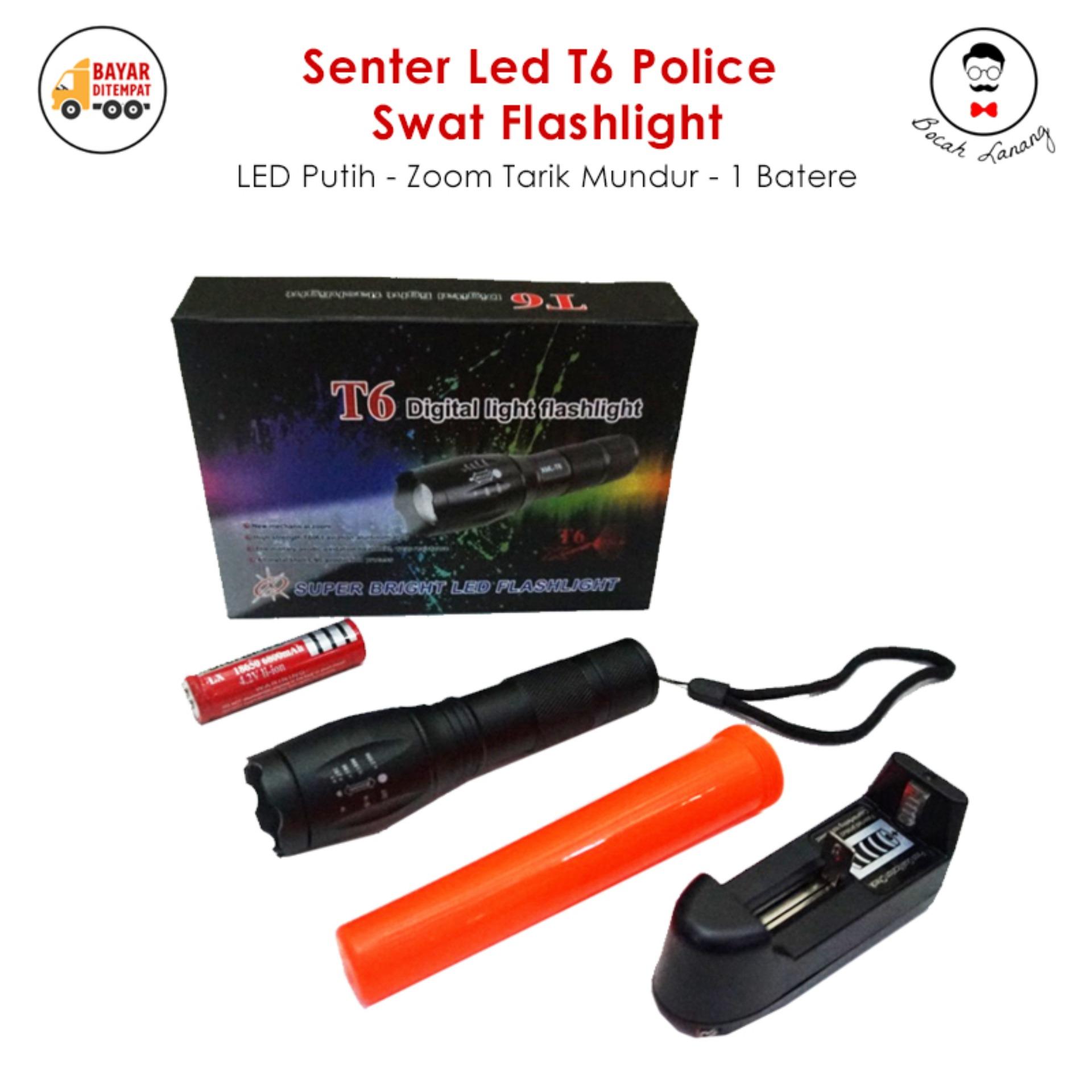 Senter Led T6 Police Swat Flashlight- LED Putih - Zoom Tarik Mundur - 1 Batere