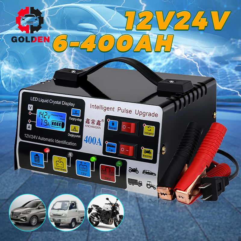 Charger Aki Mobil Motor Portable Automatic Smart Intelligent Chip 12V 24V 6A 400A Otomatis