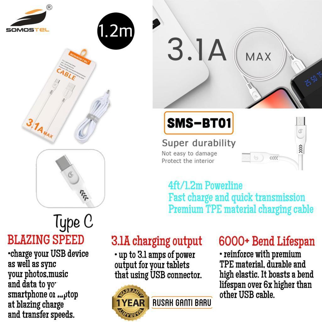Somostel usb kabel fast charging tipe C, sms-bt01, garansi resmi 1 tahun, rusak ganti baru + ongkir klaim garansi gratis