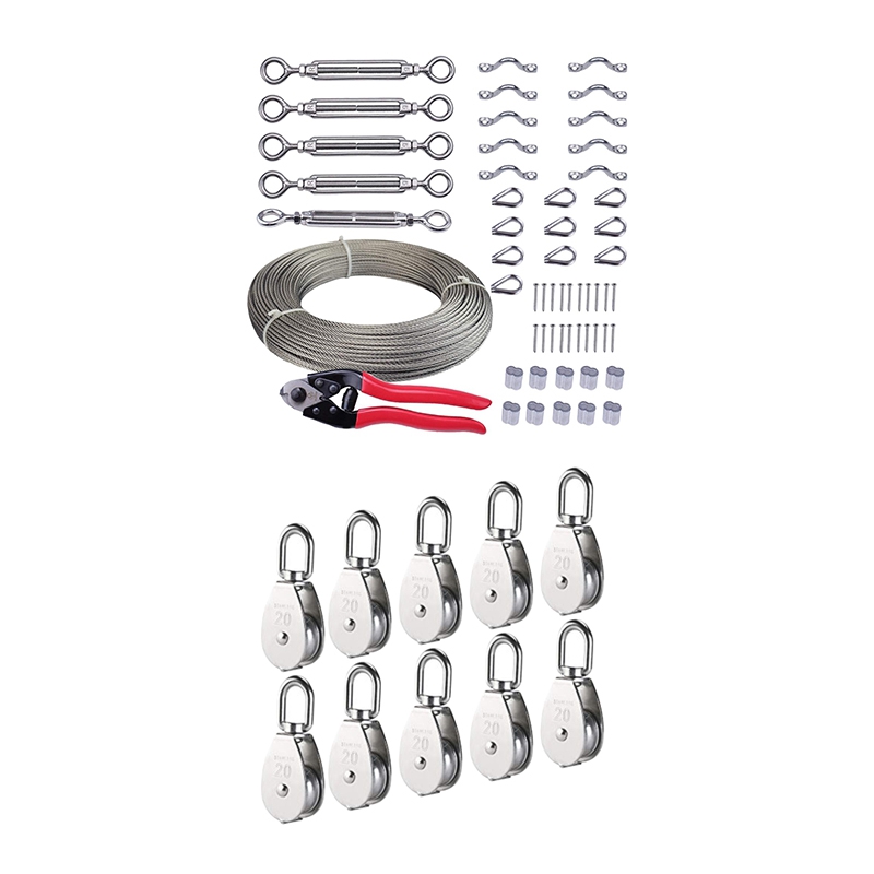 10 Pcs M20 Single Pulley Block & 1 Set Cable Railing Kits with Wire Rope Cable and Cable Cutter