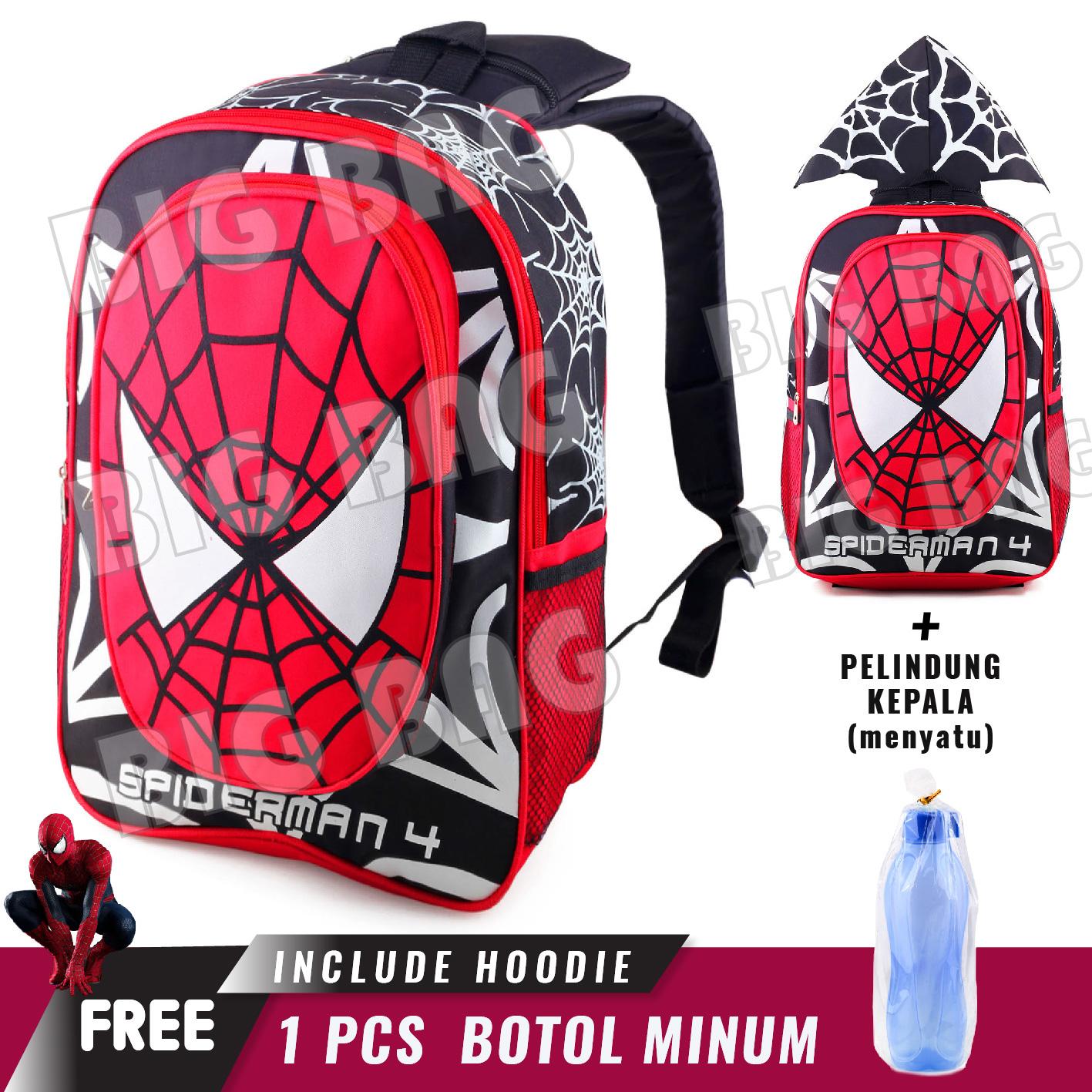 Tas Ransel Anak Laki Laki Karakter  - Spiderman Hoodie / Bonus Tutup Kepala + FREE Botol Minum Random Murah Tas anak sekolah SD Tas Spiderman Ransel Diskon - Tas anak Sekolah laki laki Promo - Tas ransel anak SD