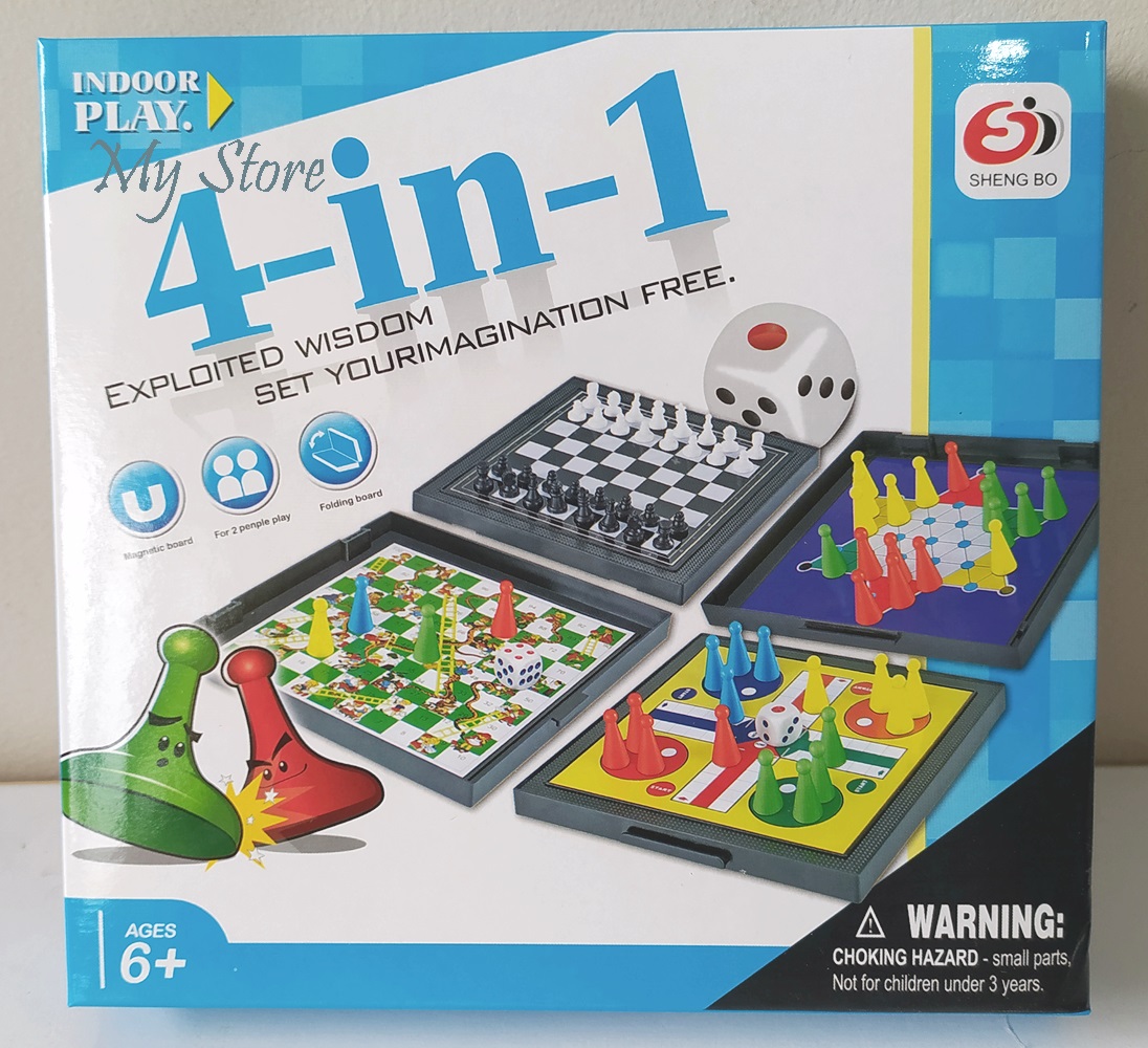 Mainan 4 in 1 Game Board Game Ular Tangga, Ludo