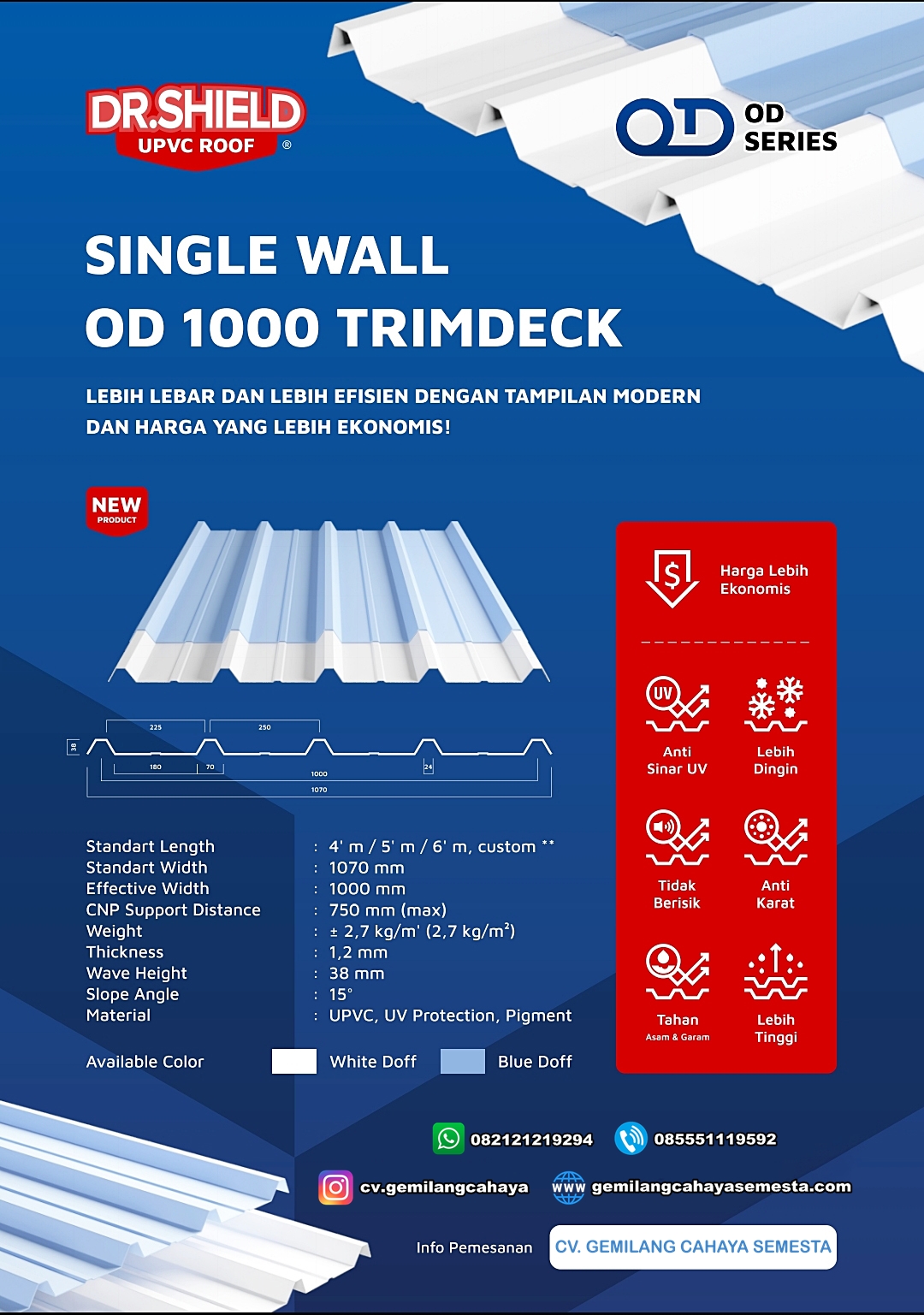 DR.Shield 0D 1000 TRIMDECK - 6 Meter (Single Layer) - Atap UPVC ...