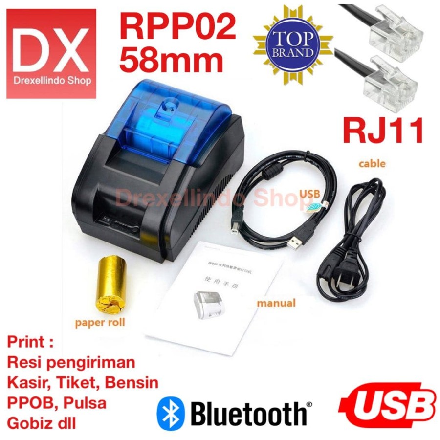 Printer Thermal Bluetooth RPP02 USB RJ11 Cetak struk kasir dan Resi ...