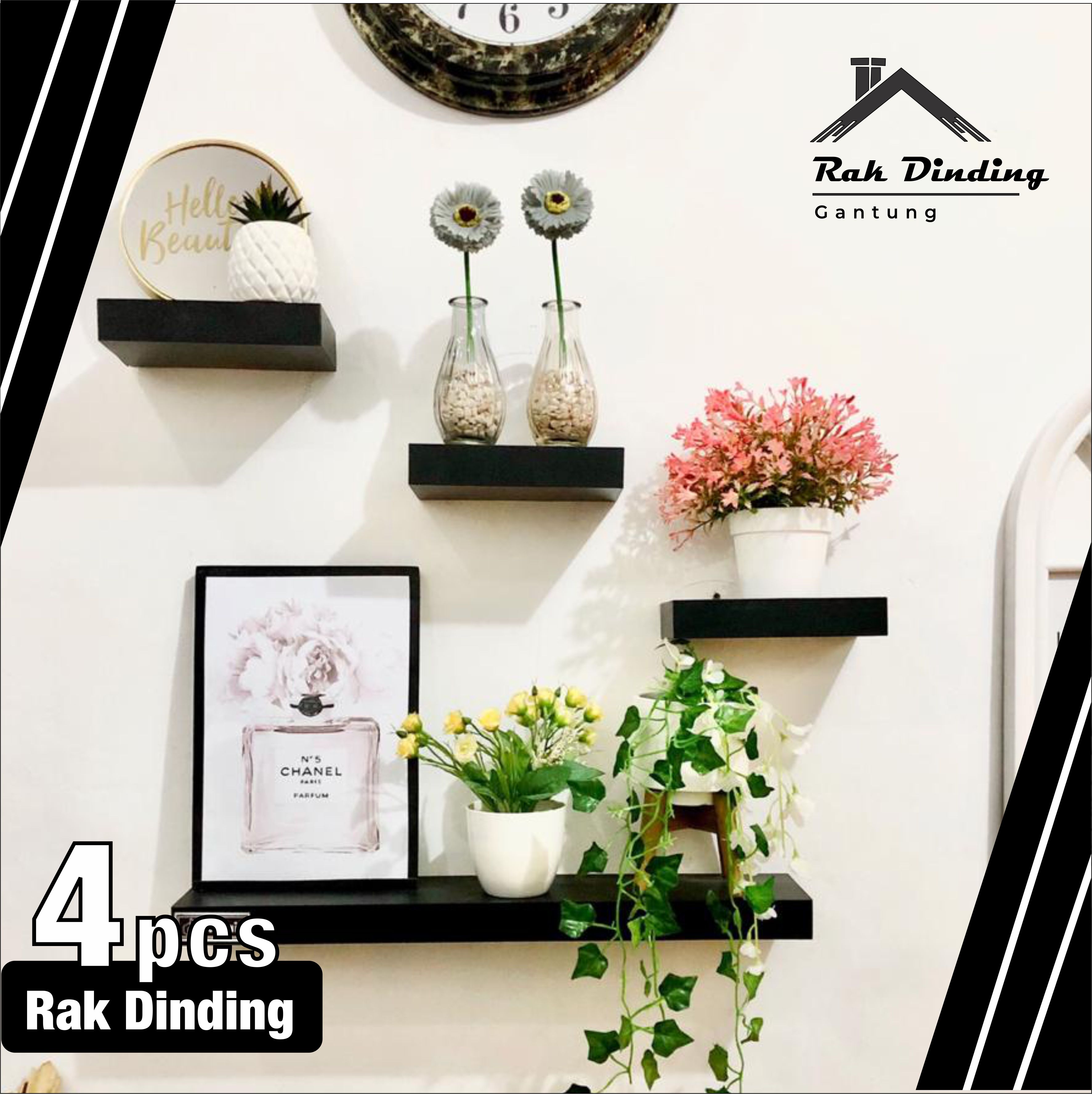 Rak Dinding Minimalis 4 pcs ukuran 20, 20, 20, 60 cm Ambalan Tempel ...